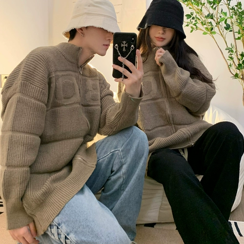 Кардиган, демисезонный свитер, ретро трикотажная парная одежда для влюбленных, оверсайз, этнический стиль, высокий воротник