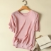 Áo len dệt kim lụa băng của phụ nữ ngắn tay mỏng phụ nữ 2021 quần áo mùa thu mới hợp thời trang Phiên bản Hàn Quốc trong áo phông màu hồng hợp thời trang hàng đầu của phụ nữ - Áo phông Áo phông