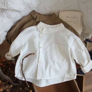 2023 春子供用綿麻シャツ韓国風男の子女の子シャツ部分襟デザイン綿麻シャツ