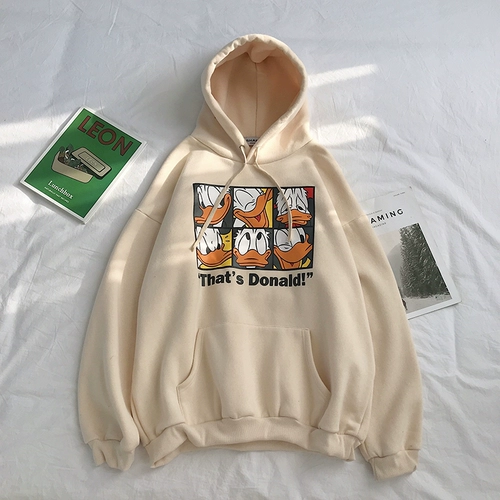 Свитшот с капюшоном, трендовые джинсы с начесом для отдыха, мультяшная утепленная куртка для школьников, в корейском стиле, оверсайз