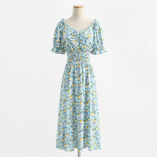 Приталенная летняя шифоновая длинная юбка, французский стиль, в цветочек, рукава фонарики, средней длины