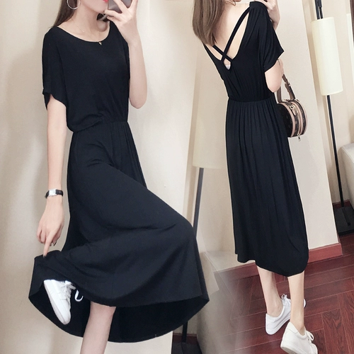 Черная летняя длинная юбка, длинное платье с коротким рукавом, приталенный брендовый корсет, с открытой спиной, круглый воротник