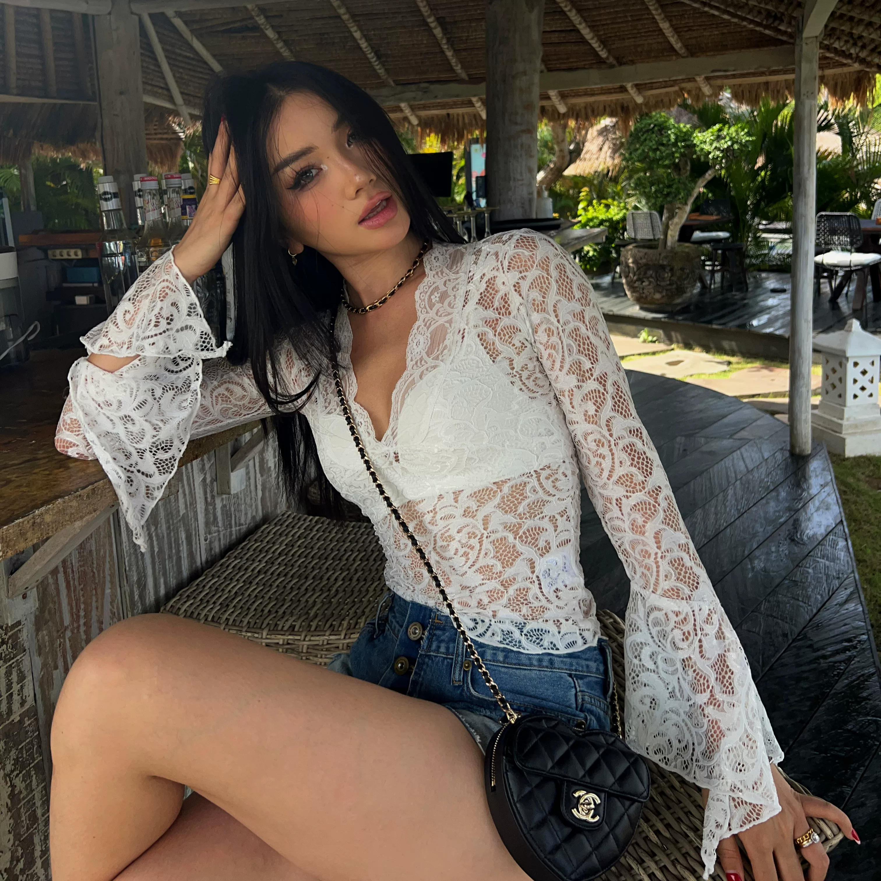 KKSHOP lace see-through hollow pure lust style slim fit sexy deep V trumpet sleeve short design top
