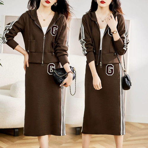 Платье, осенний комплект, толстовка с капюшоном для отдыха с буквами, юбка