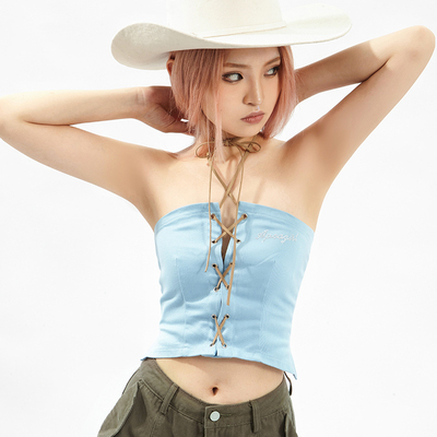taobao agent Summer denim tube top with letters, belt, T-shirt