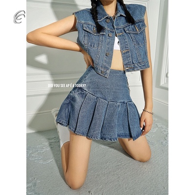 taobao agent Summer brace, denim vest, fashionable pleated skirt, set, 2020