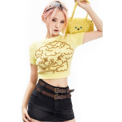 taobao agent APEA retro y2k millennial hot girl lamb flower imitation mink hair short sleeve female soft waxy thin short knitted jacket j
