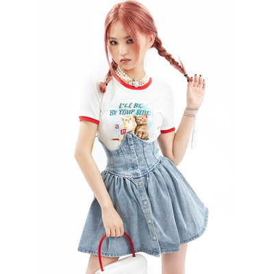 taobao agent Summer retro denim skirt, high waist, A-line, fitted