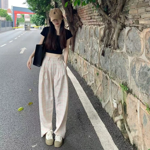 Сексуальные розовые цветные тонкие штаны, костюм для отдыха, высокая талия, свободный прямой крой