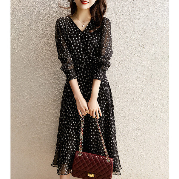 Осенний длинный приталенный корсет, ретро черный лонгслив, платье, 2023, средней длины, французский ретро стиль, V-образный вырез, А-силуэт