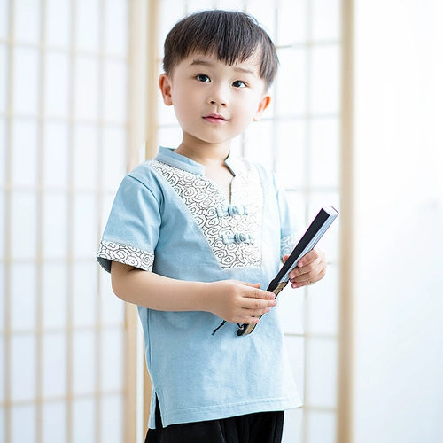 Футболка для мальчиков, летнее детское ретро ханьфу, детская летняя одежда, короткий рукав, китайский стиль, свободный крой