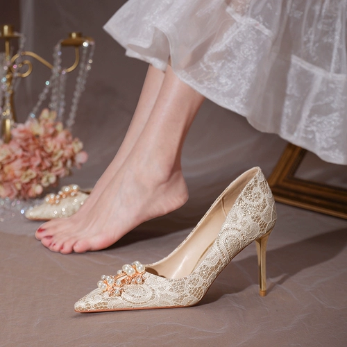 Свадебные туфли, универсальная обувь для невесты на высоком каблуке, цвета шампанского, для подружки невесты, коллекция 2023, французский стиль, против усталых ног