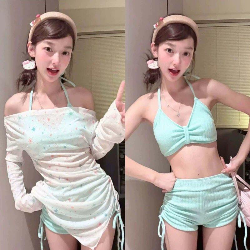 Pakaian renang wanita pakaian renang wanita model baharu rasa mewah gaya gadis manis lengan panjang pelindung matahari baju luar set tiga helai berasingan potongan lurus percutian 
