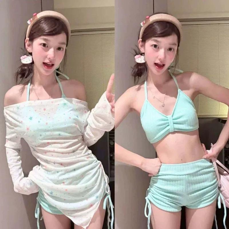 Pakaian renang wanita pakaian renang wanita model baharu rasa mewah gaya gadis manis lengan panjang pelindung matahari baju luar set tiga helai berasingan potongan lurus percutian