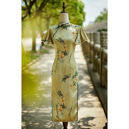 Летнее легкое ципао, элитное зеленое элегантное ретро платье, светлый стиль