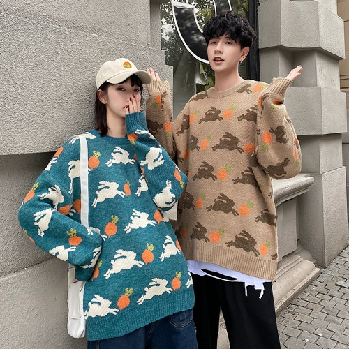Осенняя демисезонная парная одежда для влюбленных, мультяшный кролик, брендовый трикотажный свитер, оверсайз, в корейском стиле