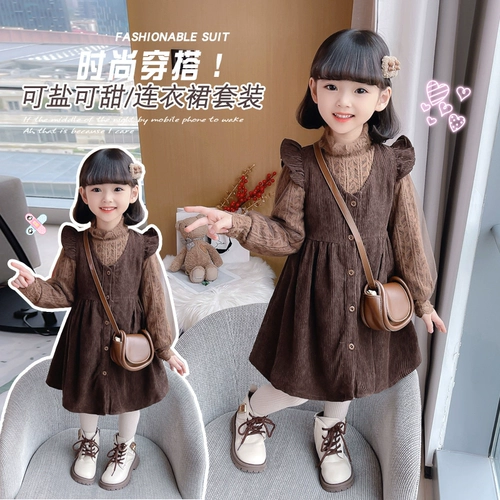 Оригинальный утепленный демисезонный комплект, вельветовая юбка на девочку, платье без рукавов, коллекция 2023