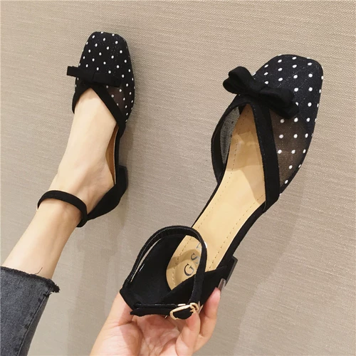 JXJE Baotou SANDALS Женские густые каблуки Новая волна Dot Bow Net Make Fairy Style Word Buckle Square Head Low Heel одиночные туфли