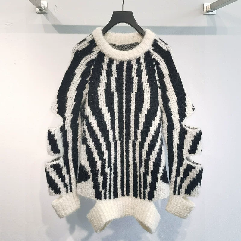 Demi-season woolen cashmere trend zebra, knitted sweater, jacket, for teenagers