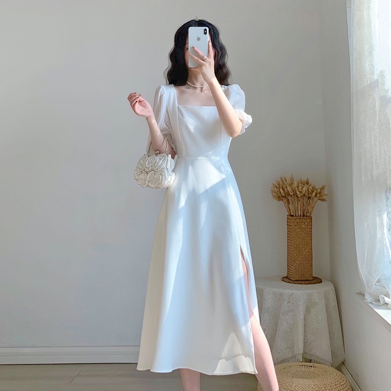 法式甜美收腰小白裙小清新气质连衣裙