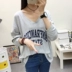 Phiên bản mùa thu Hàn Quốc của chị béo Áo thun dài tay in chữ V cổ chữ V nữ 200 kg cộng với size áo sơ mi nữ phía trên - Áo phông Áo phông