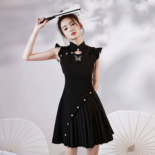 Черное короткое ципао без рукавов, китайский стиль, подходит для подростков, французский стиль