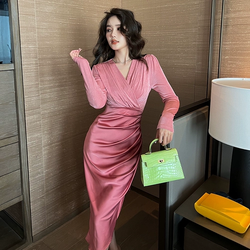 Осенний лонгслив, платье, корсет для приставной кровати, поясная сумка, длинная юбка, изысканный стиль, V-образный вырез, с акцентом на бедрах, средней длины