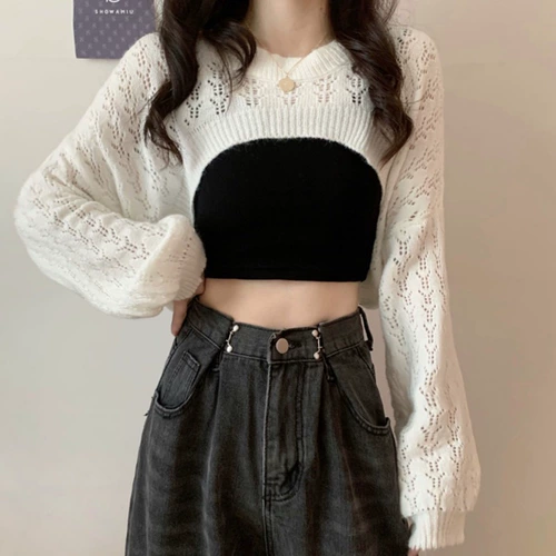 Тонкая короткая накидка с круглым воротником, трикотажный свитер, штаны, подходит для подростков, высокая талия