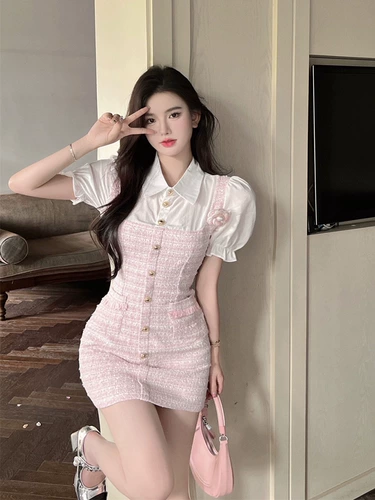 Комплект, рубашка, юбка, приталенное летнее платье, в стиле Шанель, имитация рубашки, воротник поло