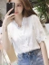 Áo thun nữ ngắn tay trắng bằng vải cotton và lanh mùa hè 2021 Áo ren Hàn Quốc cut-out cùng với áo sơ mi nữ có kích thước đáy - Áo phông Áo phông