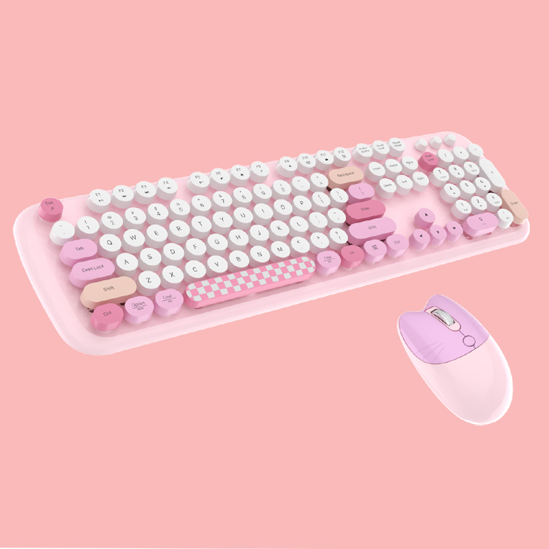 MOFii Teclado e Mouse ZERO, Sem fio USB de 2,4 G, Teclas redondas Multicoloridas, Cores fofas, 104 teclas – Rosa