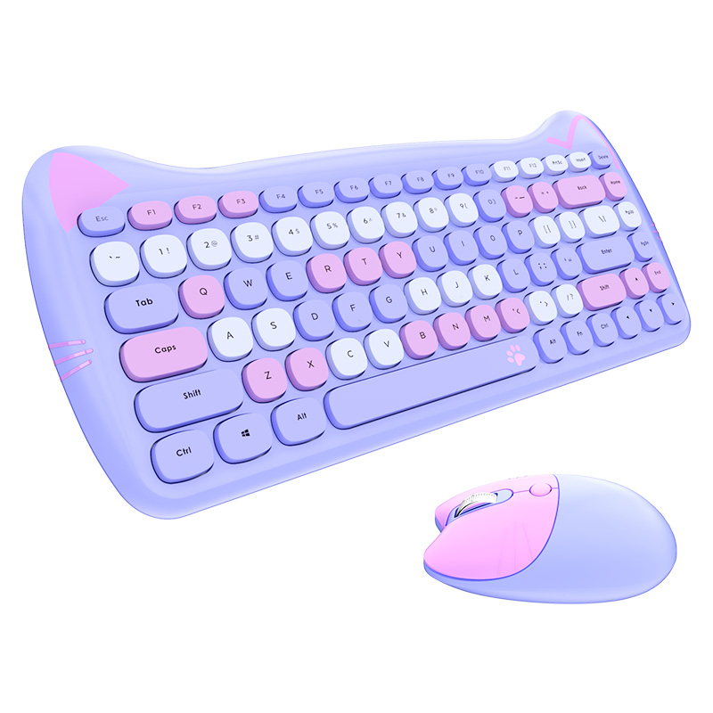 MOFii Teclado e Mouse Cute Cat Sem fio 2.4G USB, Teclas silenciosas, Cores doces, 84 teclas – Roxo