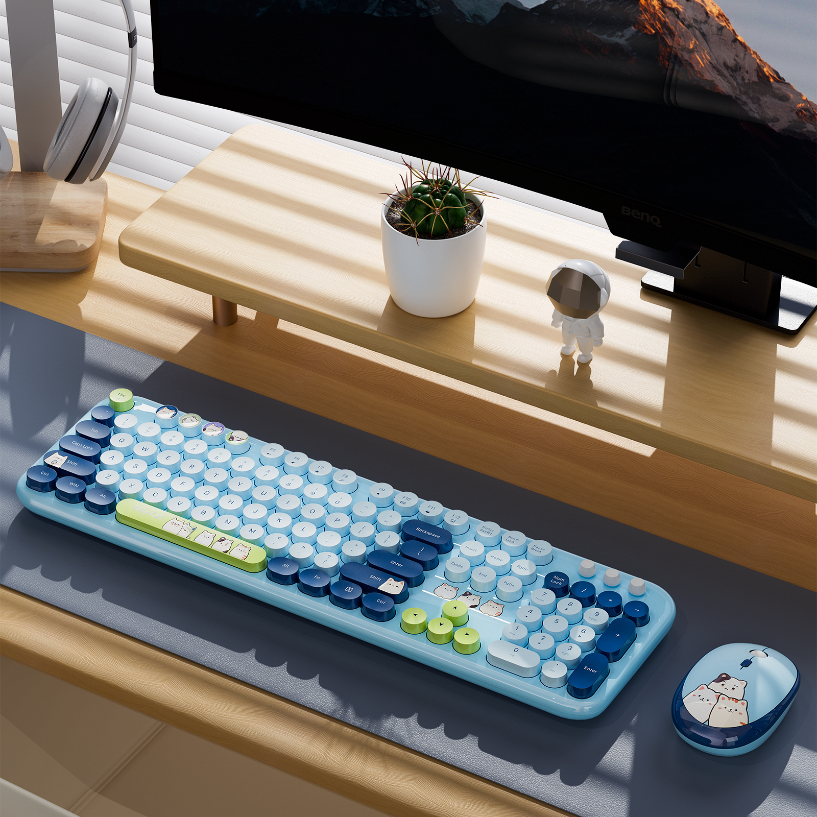 MOFii Teclado e Mouse Silly Cat Sem fio 2.4G USB, Teclas Multicoloridas, 104 teclas – Azul