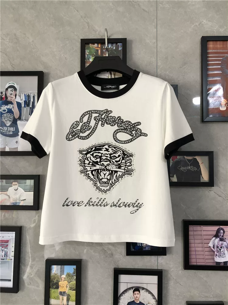 Короткая футболка женская повседневная с рисунком тигра бренда ED Ed Hardy, трендовый стиль, джинсовая короткая юбка-брюки в комплекте