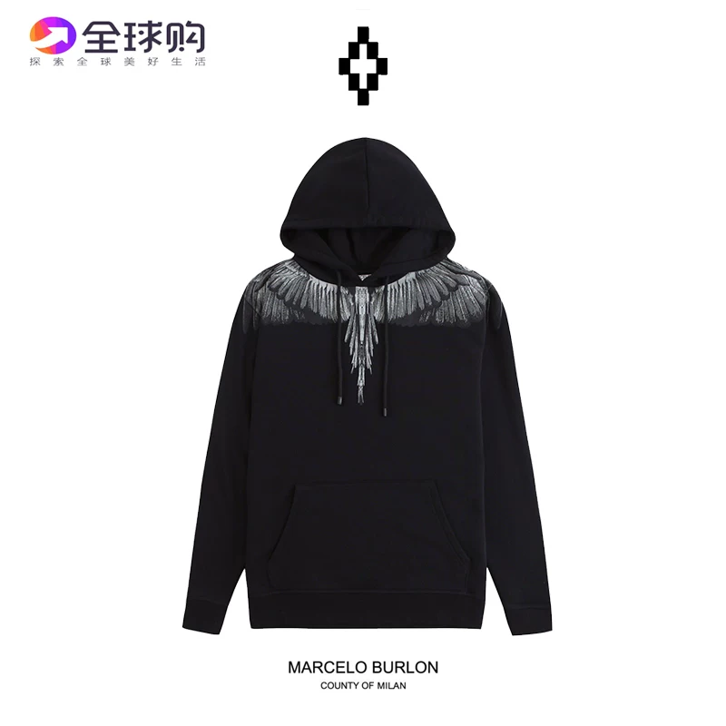 Подлинный свитер с капюшоном Marcelo Burlon Mark Bulong MB для курения серые крылья черный с капюшоном с пушистым жилетом