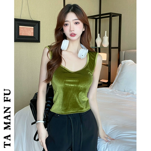 Бархатная майка топ, осенние приталенные базовые приятные телу вставки в бюстгальтер без рукавов, квадратный вырез, в обтяжку