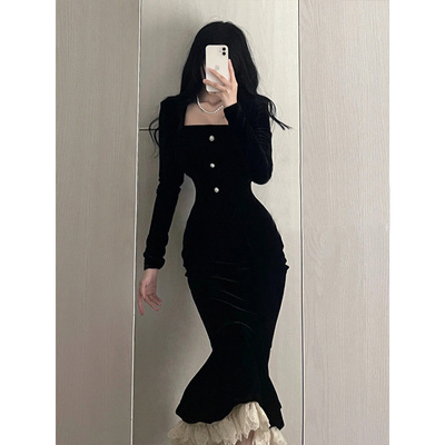 taobao agent Retro demi-season long black velvet dress, French retro style, 2022 collection, hip-accented