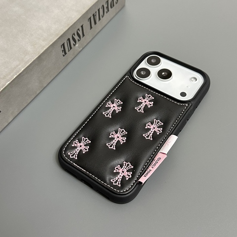 Chrome Hearts For Girls: Embroidered Hearts Leather 17/16/15/14/13 Pro/Max iPhone Case