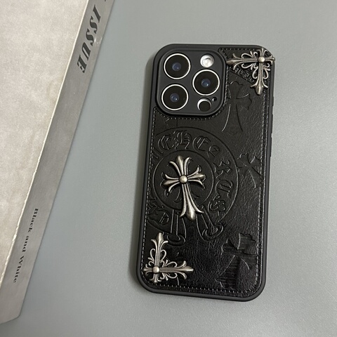 Chrome Hearts Black Leather Cross Pattern iPhone Case