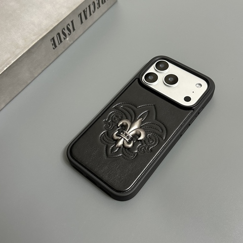 Dark Synthetic Leather Metal 3D Embossed Cross Stitched Pattern Phone – Pro/Plus/Max/Air – 17, 16, 15, 14, 13, 12 iPhone Case