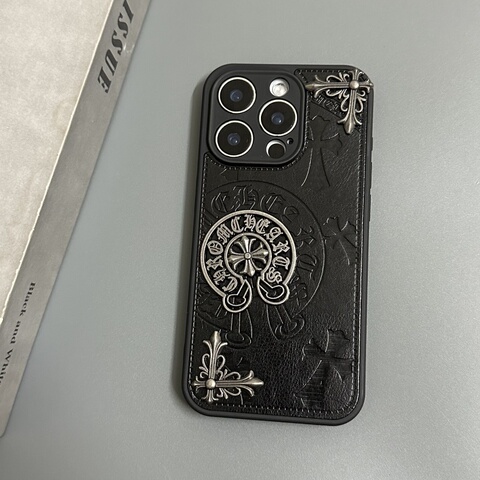 Chrome Hearts Black Leather Cross Pattern iPhone Case