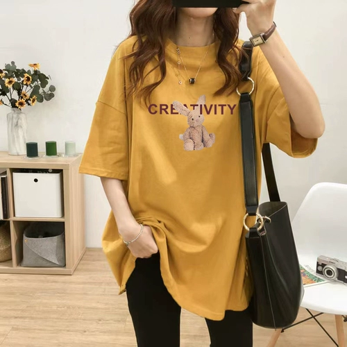 Tide, длинная хлопковая летняя желтая футболка с коротким рукавом, средней длины, оверсайз