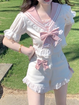 taobao agent Summer Japanese cute navy top, puff sleeves