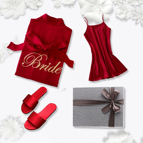 染沁 Красная пижама для невесты, шелковый банный халат, для подружки невесты, с вышивкой, делается под заказ