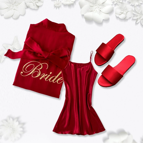 染沁 Красная пижама для невесты, шелковый банный халат, для подружки невесты, с вышивкой, делается под заказ
