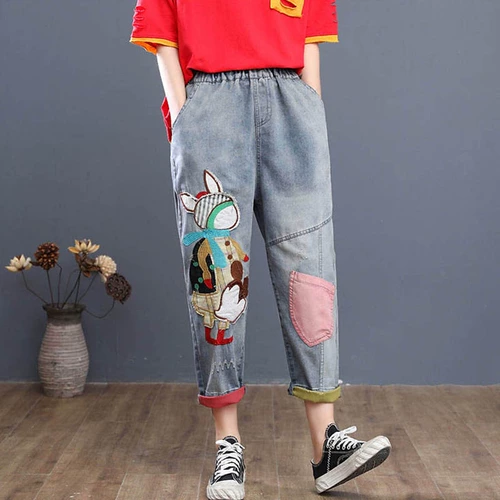Ретро джинсовые тонкие мультяшные штаны, свободный крой, высокая талия, с вышивкой, оверсайз