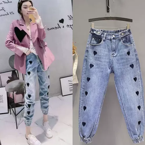 Весенние джинсы, штаны, с вышивкой, высокая талия, коллекция 2023, в корейском стиле, свободный крой