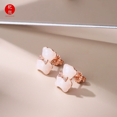 Милые серьги из нефрита с бантиком, серебро 925 пробы