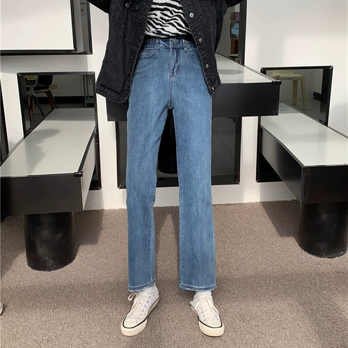 Джинсы, синие штаны для отдыха, высокая талия, в корейском стиле, подходит для подростков, для формы тела «груша», свободный прямой крой