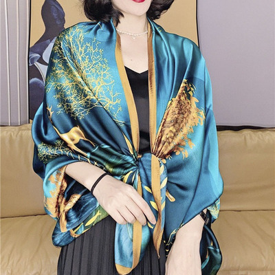 taobao agent Wrapped cheongsam outer cloak silk silk scarf scarf female spring, autumn and summer thin sunscreen all the way with you blue